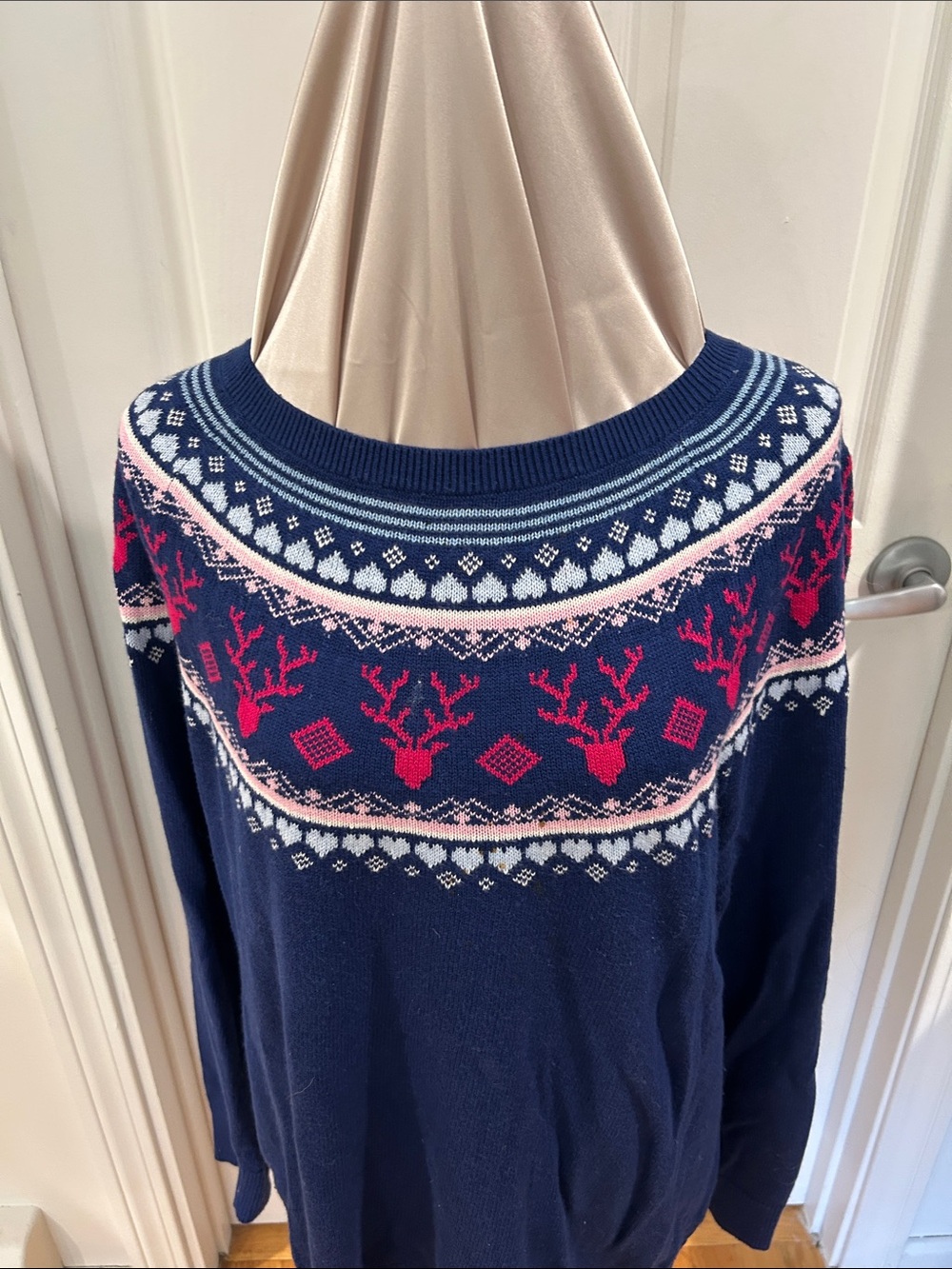 Talbots Navy Crewneck Sweater with Pink and White Fair Isle Reindeer